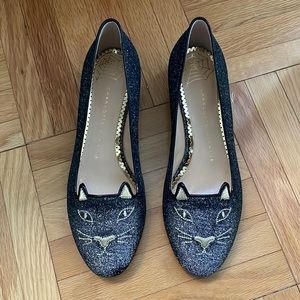 Charlotte Olympia Silver Suede Glitter Kitty Flats 38 NIB NWT